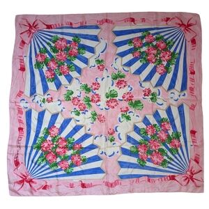 Carleton Varney 42" Silk Scarf Pink Floral On Blue Stripe Fans Ribbon Bow Border